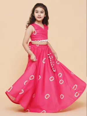 Girls Pink & Off White Printed Cotton Ready to Wear Lehenga