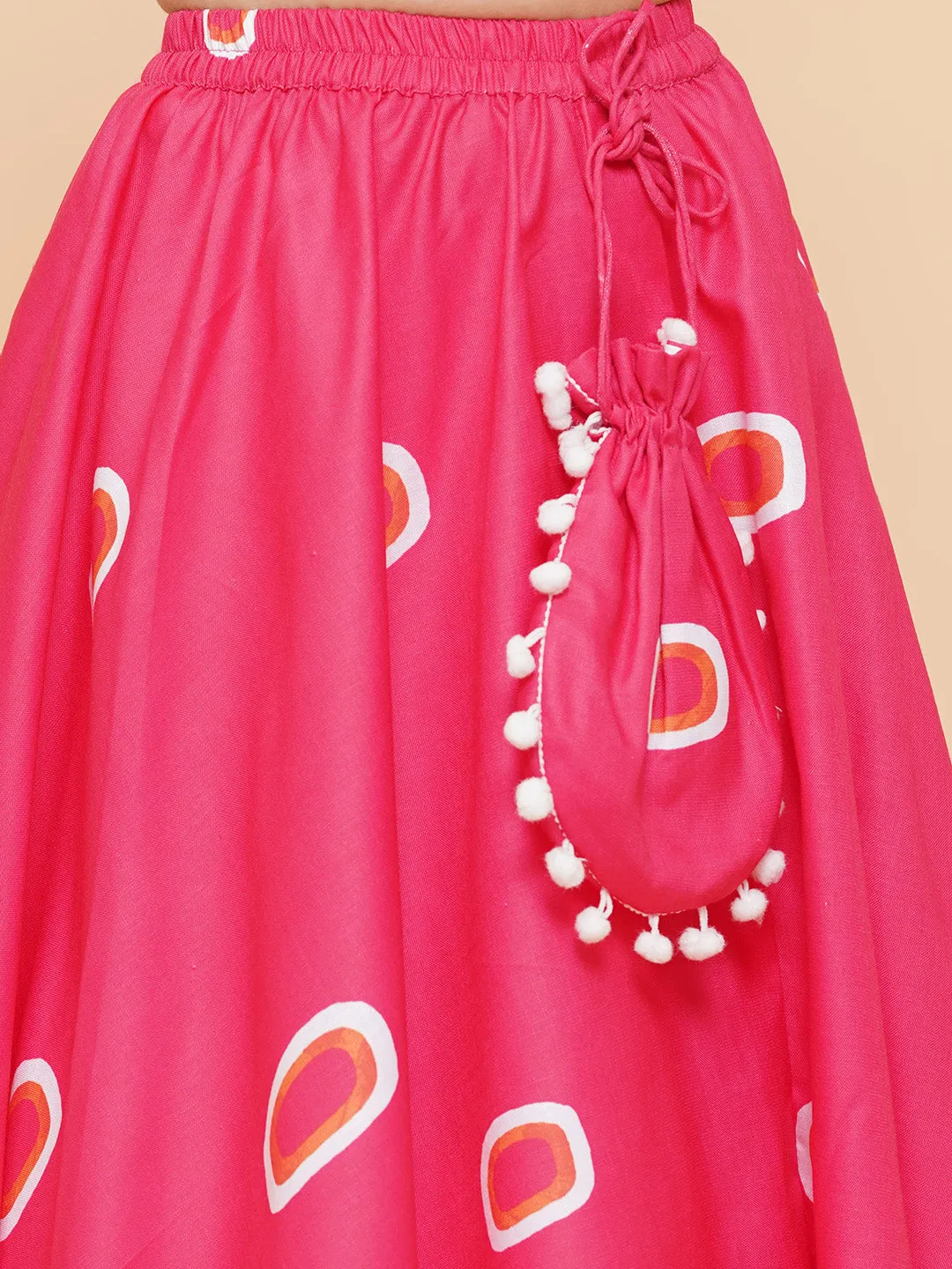 Girls Pink & Off White Printed Cotton Ready to Wear Lehenga