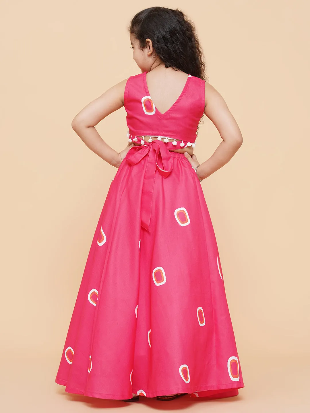Girls Pink & Off White Printed Cotton Ready to Wear Lehenga