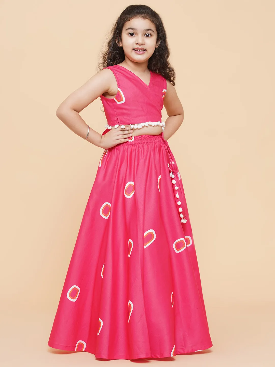 Girls Pink & Off White Printed Cotton Ready to Wear Lehenga