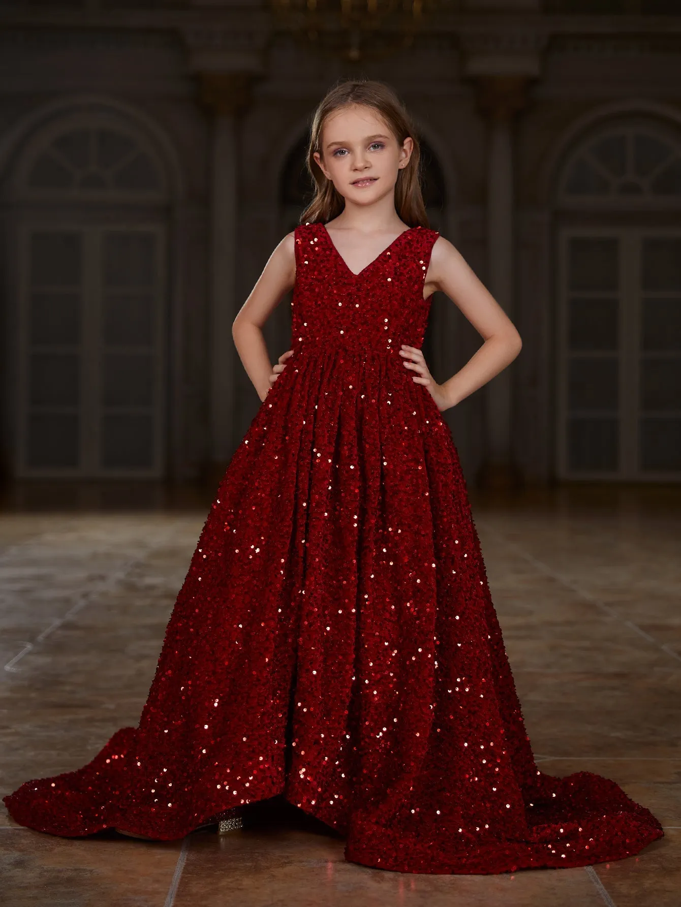 Girl's V Neck Sleeveless Sequin Tail Dress With Bow