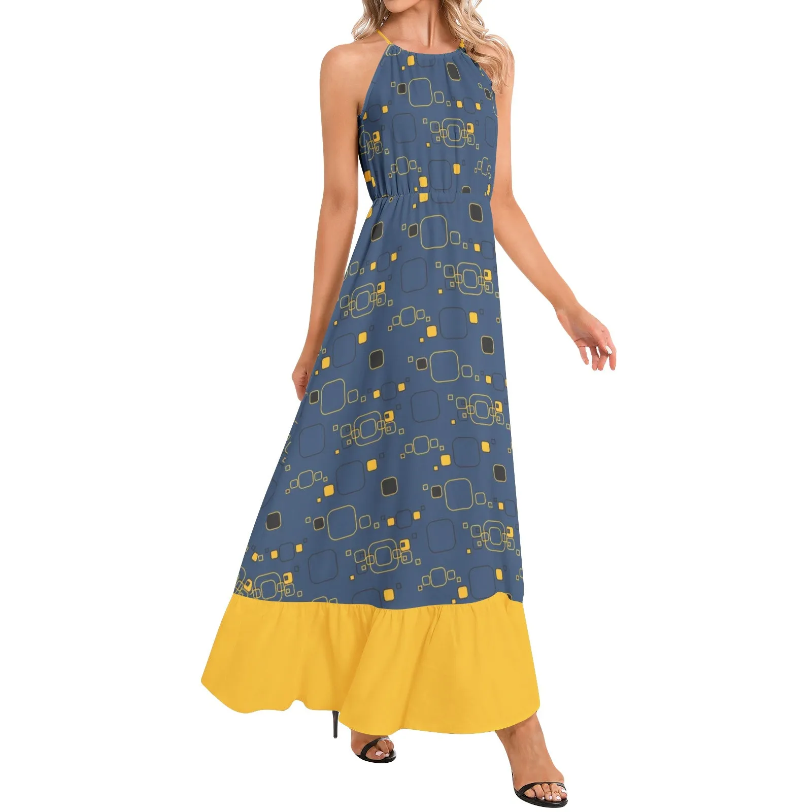 Golden Blueprint Ruffle Hem Halter Neck Maxi Dress