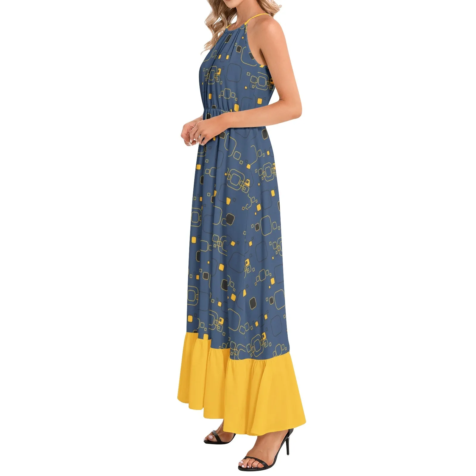 Golden Blueprint Ruffle Hem Halter Neck Maxi Dress