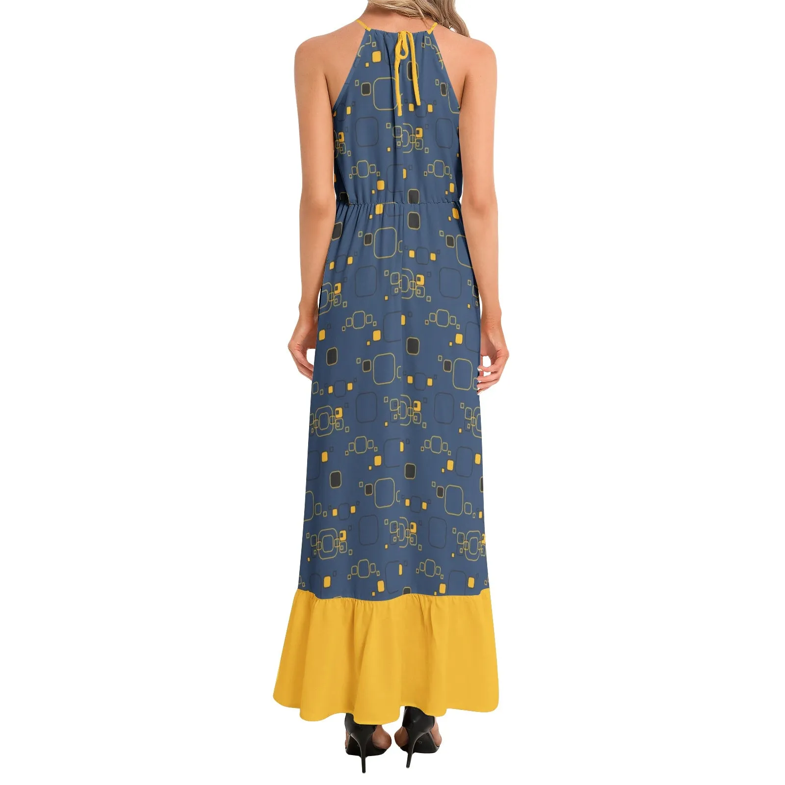 Golden Blueprint Ruffle Hem Halter Neck Maxi Dress