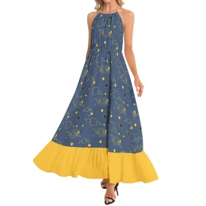 Golden Blueprint Ruffle Hem Halter Neck Maxi Dress