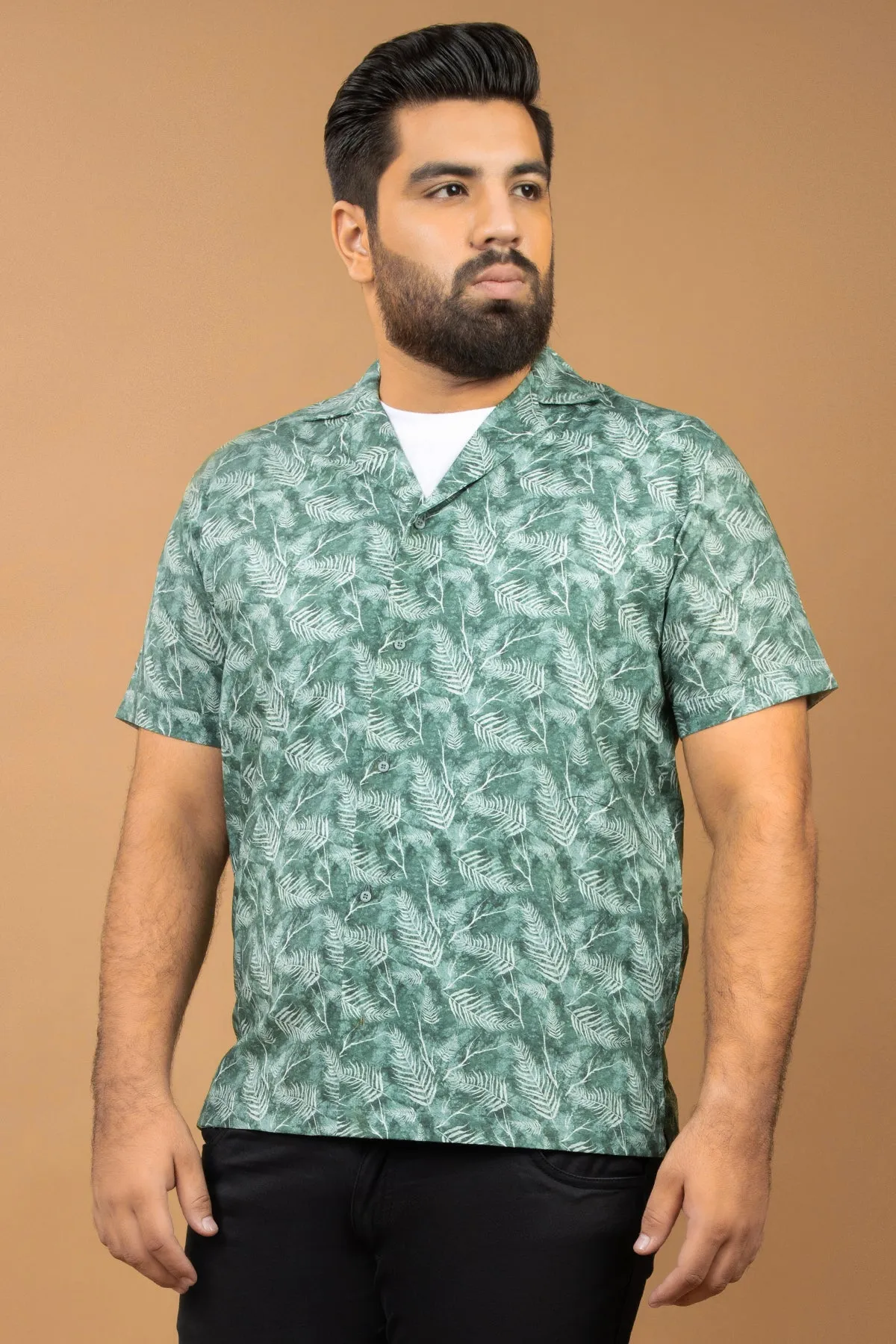 Green Self Printed Resort Collar Shirt (Plus size) - S24 - MS0085P