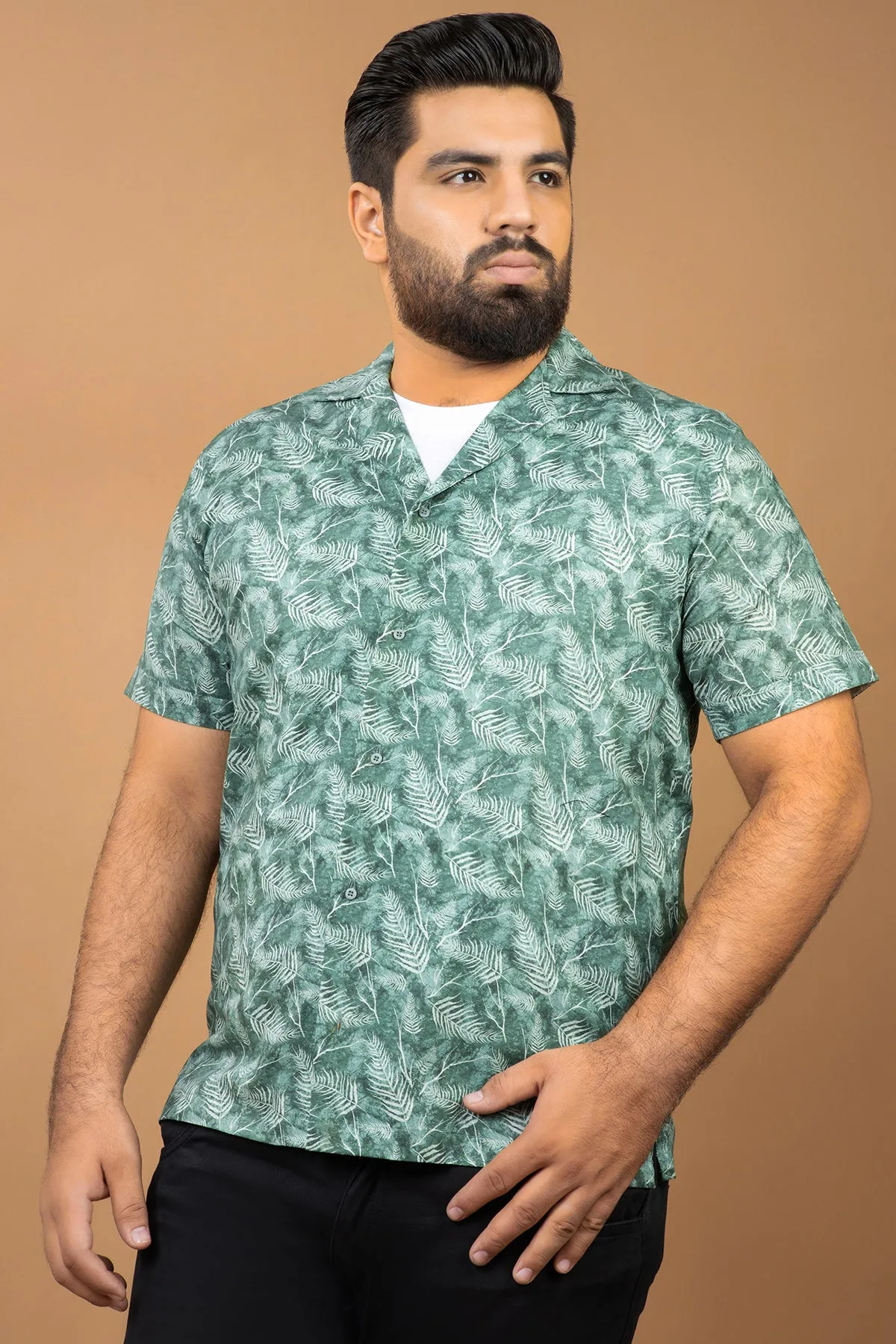 Green Self Printed Resort Collar Shirt (Plus size) - S24 - MS0085P