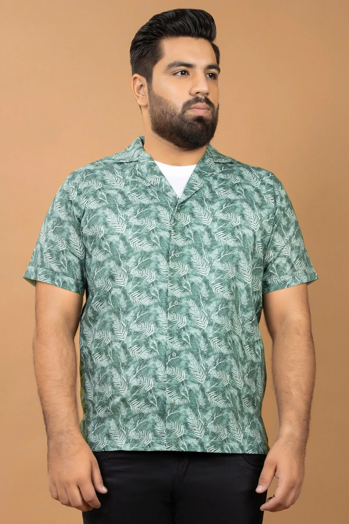 Green Self Printed Resort Collar Shirt (Plus size) - S24 - MS0085P