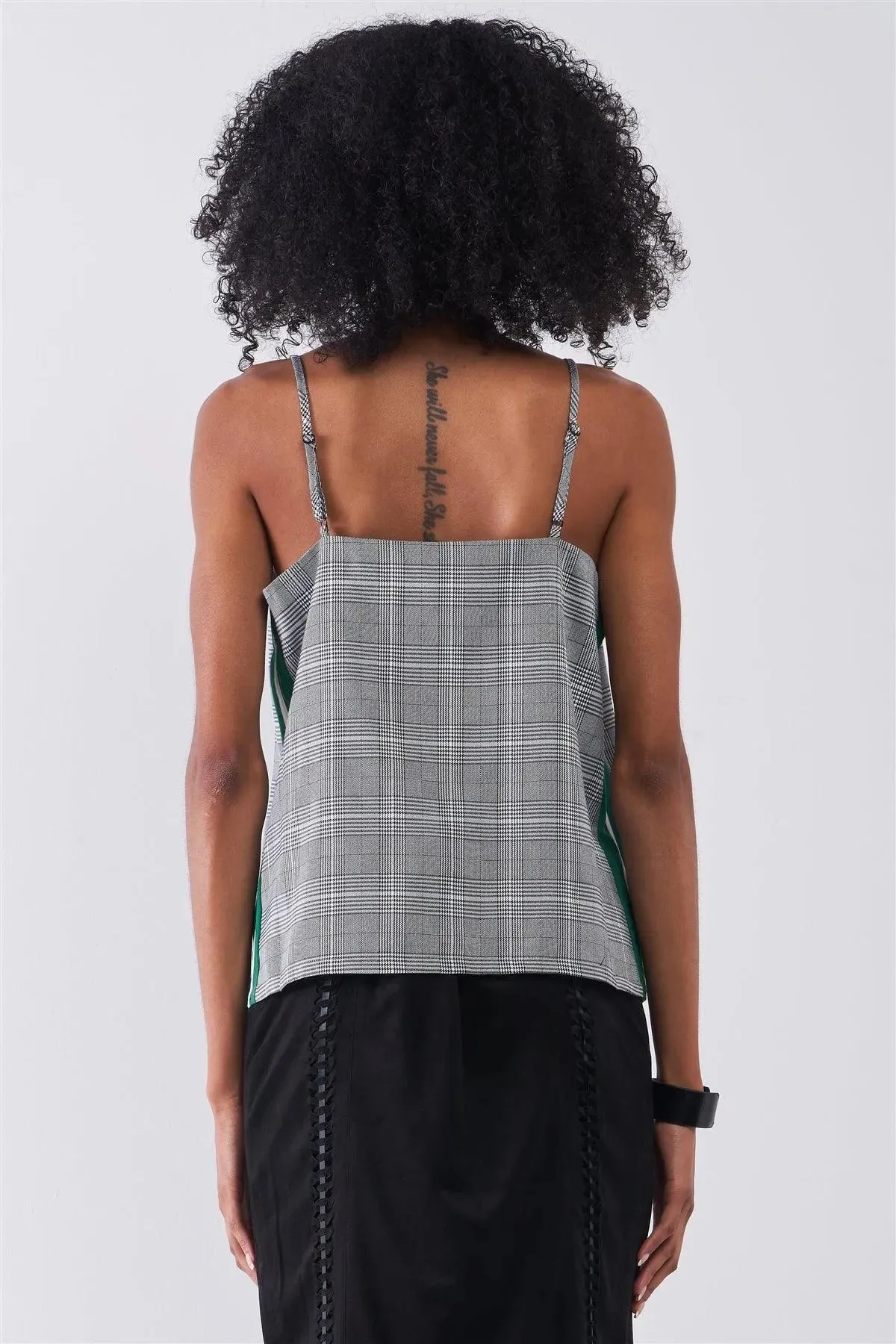 Grey Checkered Pattern Sleeveless V-Neck Multicolor Striped Side Detail Babydoll Top /1-2-2-1