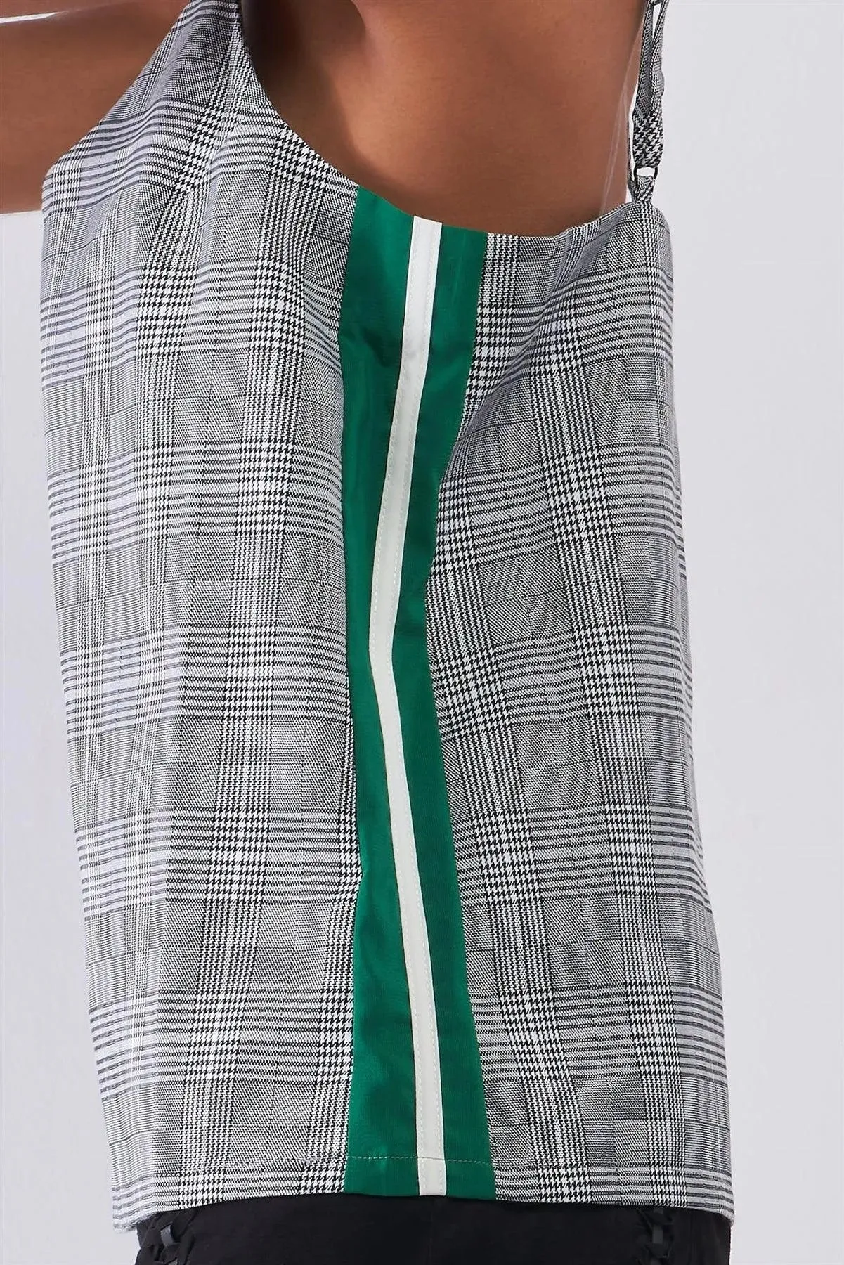 Grey Checkered Pattern Sleeveless V-Neck Multicolor Striped Side Detail Babydoll Top /1-2-2-1