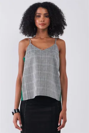 Grey Checkered Pattern Sleeveless V-Neck Multicolor Striped Side Detail Babydoll Top /1-2-2-1