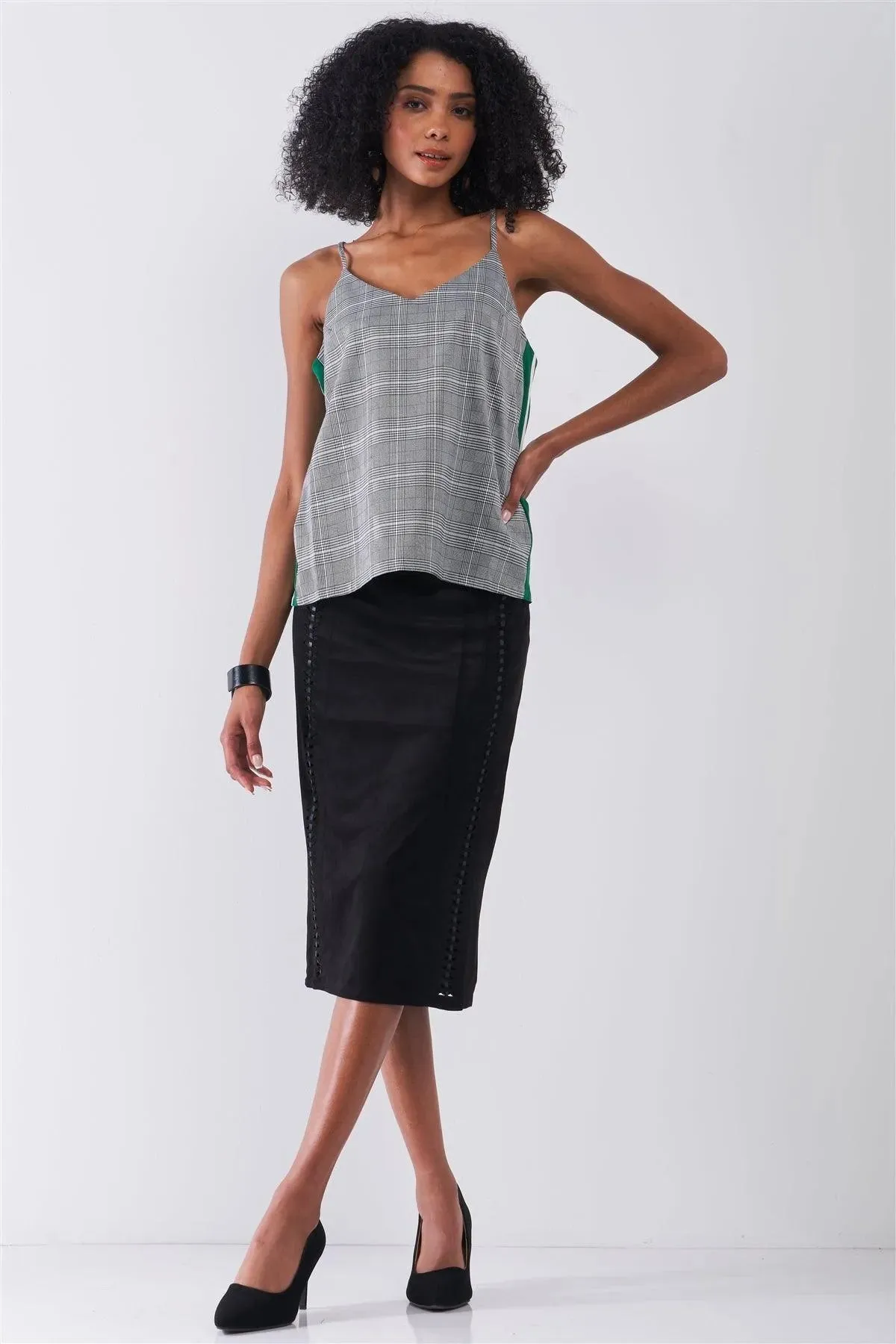 Grey Checkered Pattern Sleeveless V-Neck Multicolor Striped Side Detail Babydoll Top /1-2-2-1