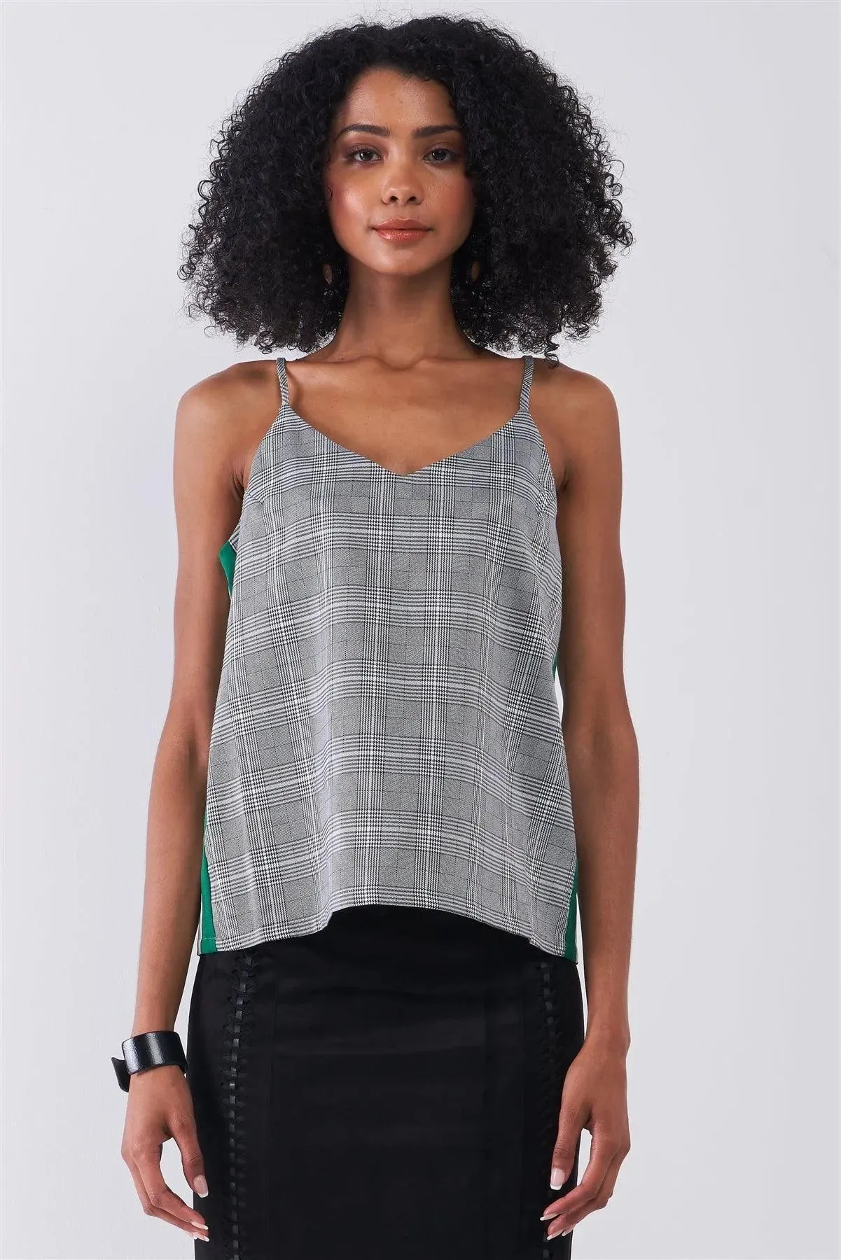 Grey Checkered Pattern Sleeveless V-Neck Multicolor Striped Side Detail Babydoll Top /1-2-2-1