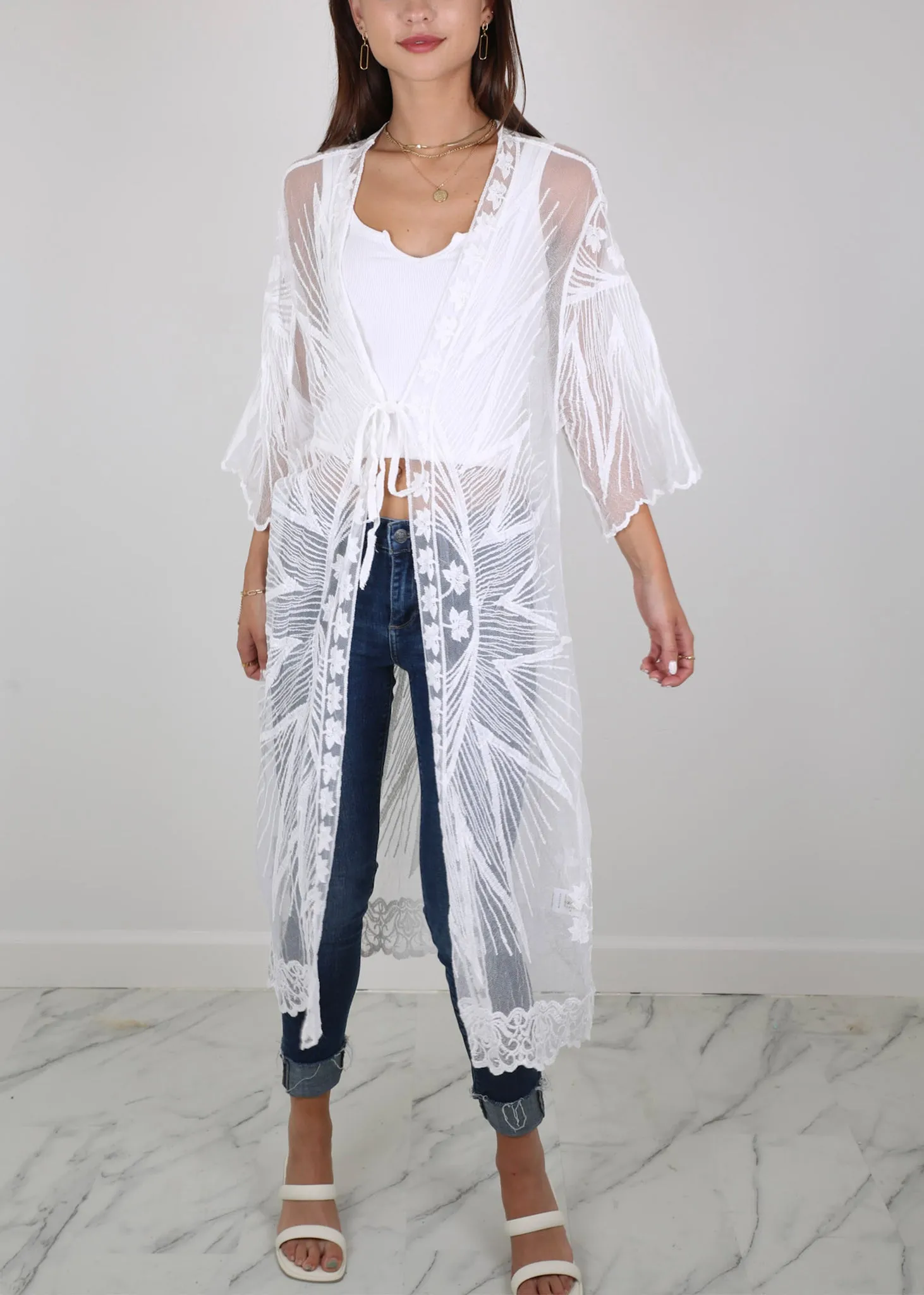 Half Sleeve Tie Front Embroidered Lace Kimono Cardigan Coverup