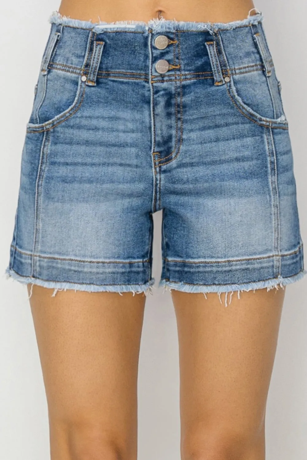 Hazel Blues® |  RISEN High Rise Seam Detailed Raw Edge Denim Shorts
