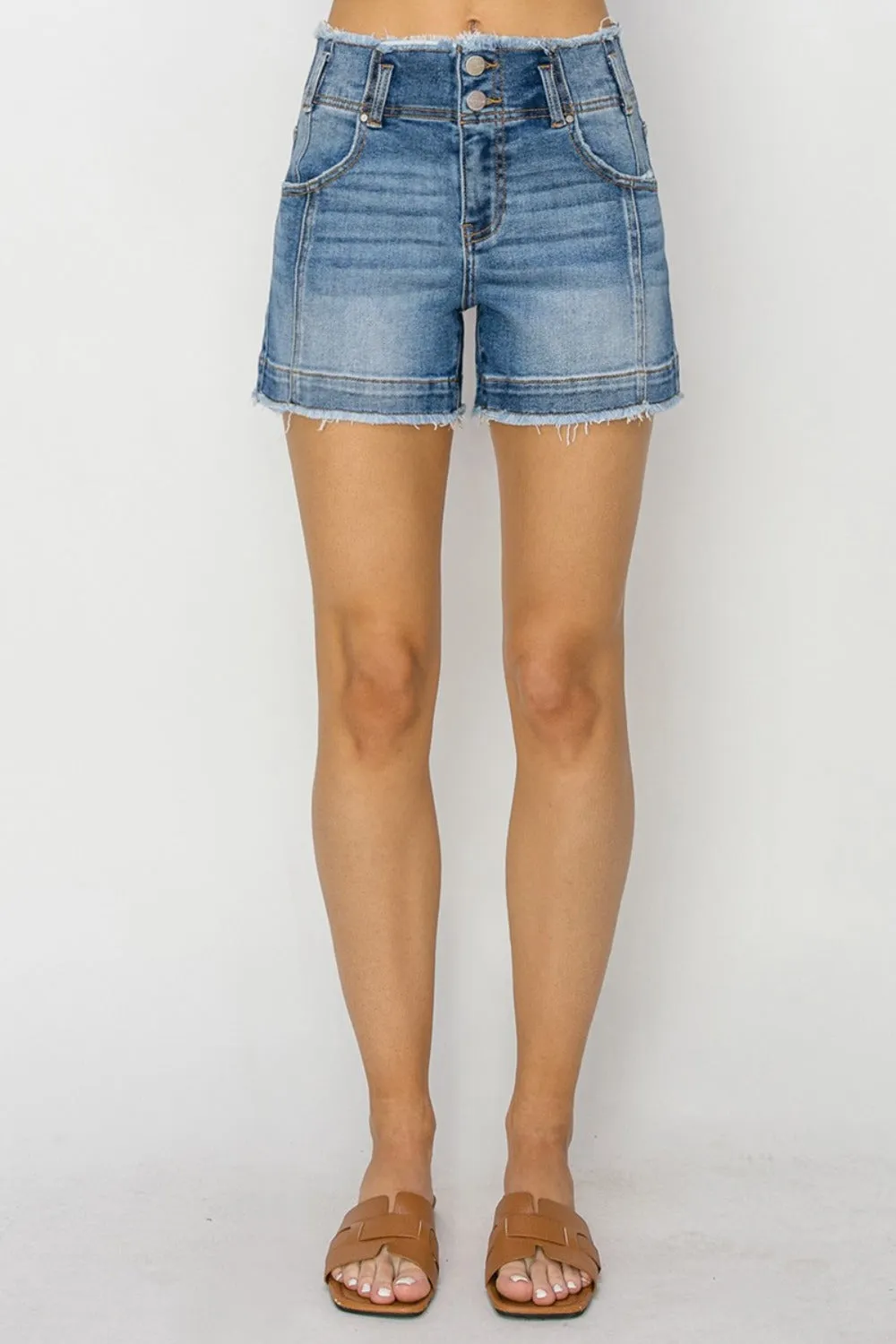 Hazel Blues® |  RISEN High Rise Seam Detailed Raw Edge Denim Shorts