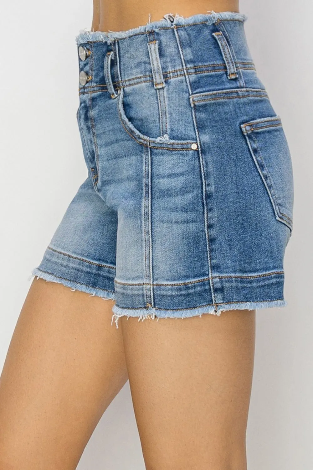 Hazel Blues® |  RISEN High Rise Seam Detailed Raw Edge Denim Shorts