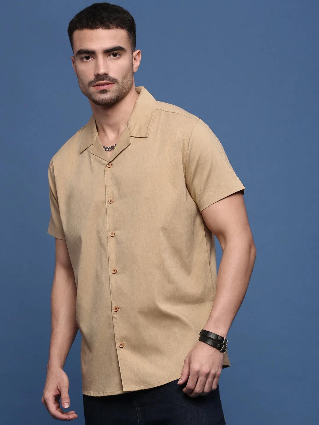 Men Beige Solid Cuban Collar Shirt