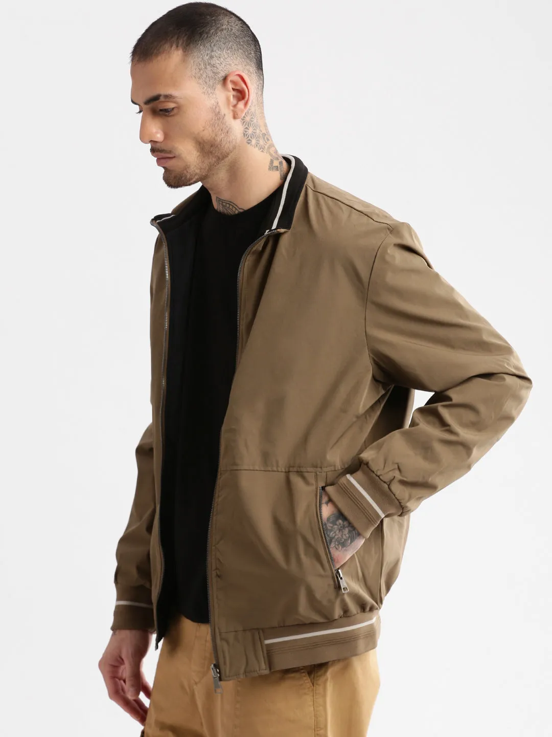 Men Mock Collar Khaki Solid Reversible Bomber Oversized Jacket