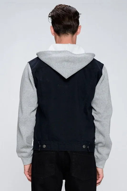 Men's Black Denim Jacket with Gray Fleece Hoodie/Arms