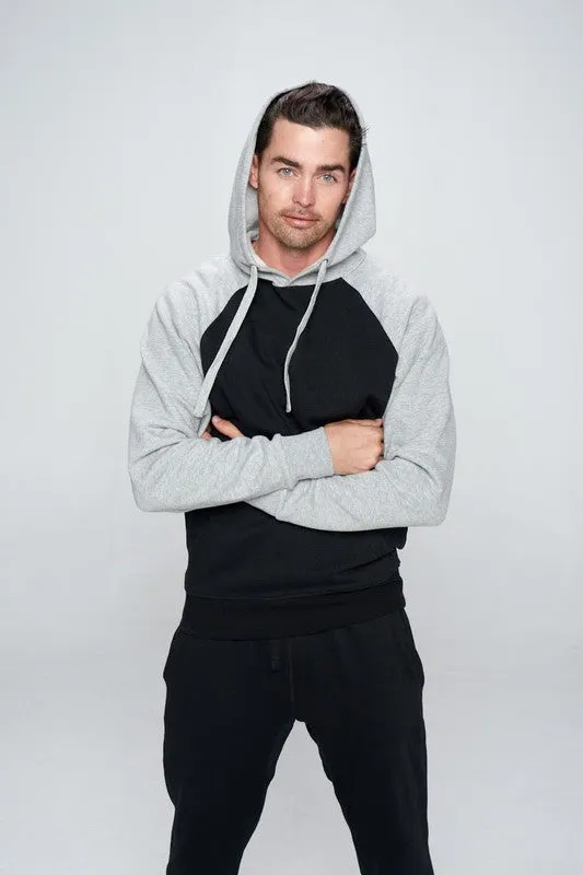 Men's Black Denim Jacket with Gray Fleece Hoodie/Arms