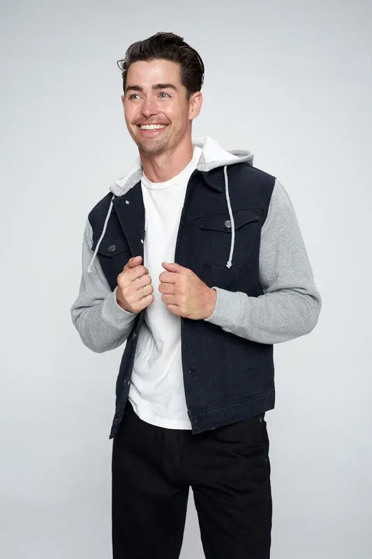 Men's Black Denim Jacket with Gray Fleece Hoodie/Arms