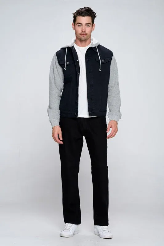 Men's Black Denim Jacket with Gray Fleece Hoodie/Arms