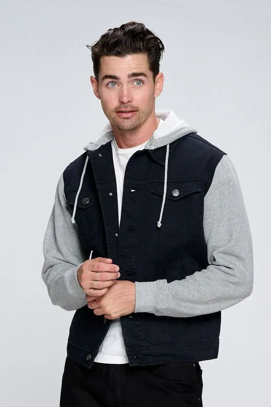 Men's Black Denim Jacket with Gray Fleece Hoodie/Arms