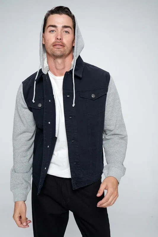 Men's Black Denim Jacket with Gray Fleece Hoodie/Arms