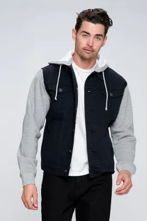 Men's Black Denim Jacket with Gray Fleece Hoodie/Arms