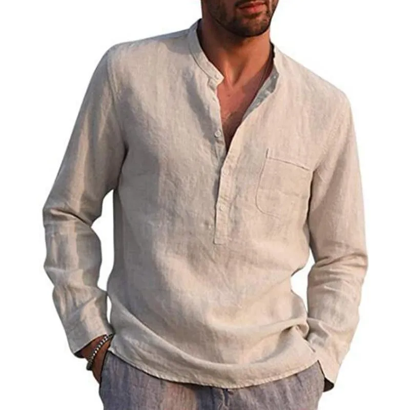 Men's Casual Cotton Linen Solid Color Henley Collar Long Sleeve Shirt 47322819M