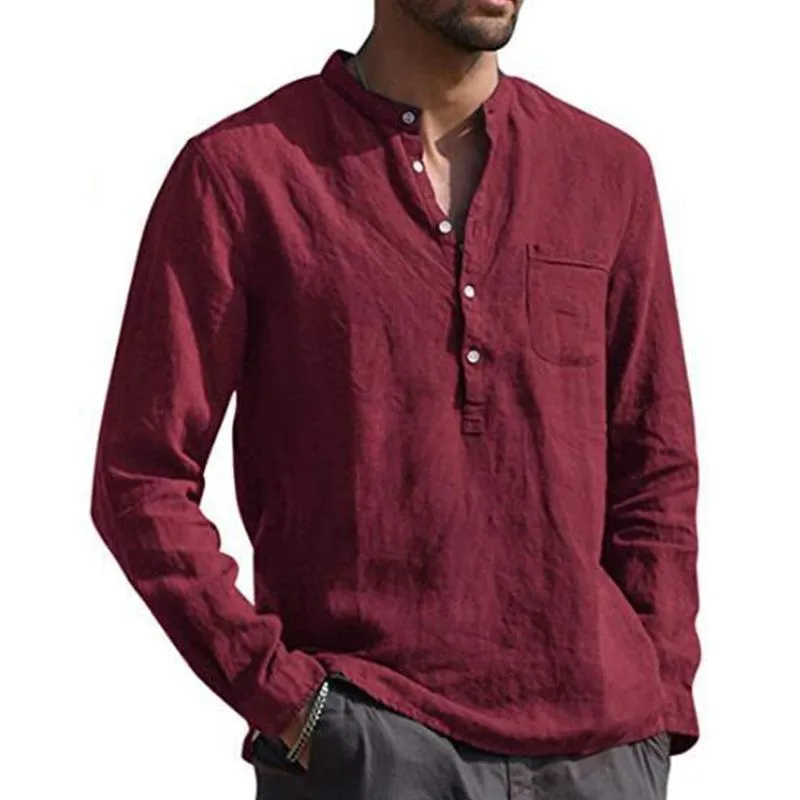 Men's Casual Cotton Linen Solid Color Henley Collar Long Sleeve Shirt 47322819M