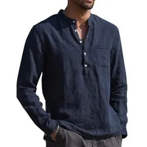 Men's Casual Cotton Linen Solid Color Henley Collar Long Sleeve Shirt 47322819M