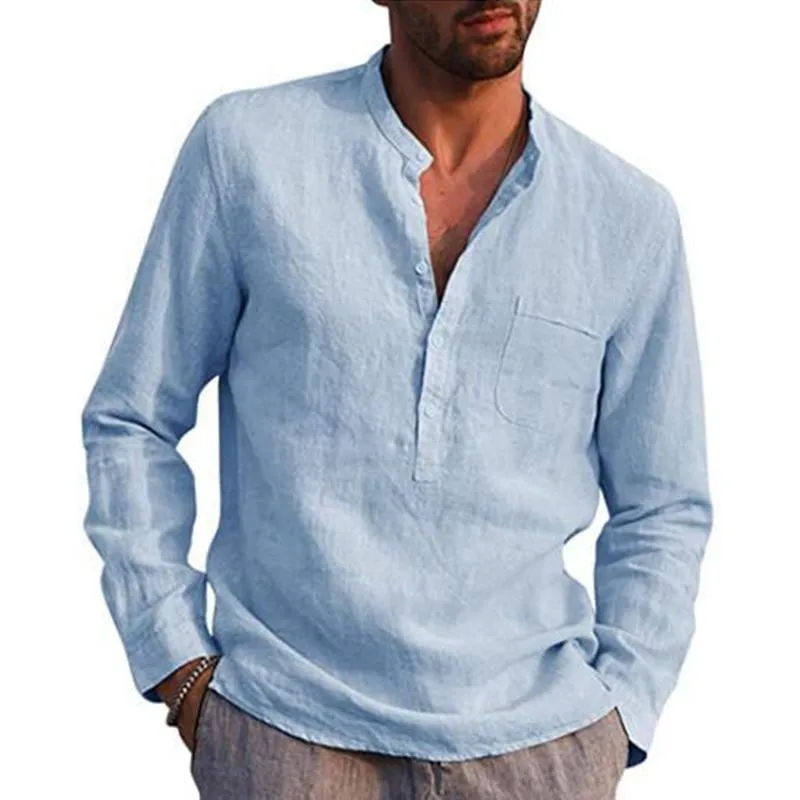 Men's Casual Cotton Linen Solid Color Henley Collar Long Sleeve Shirt 47322819M