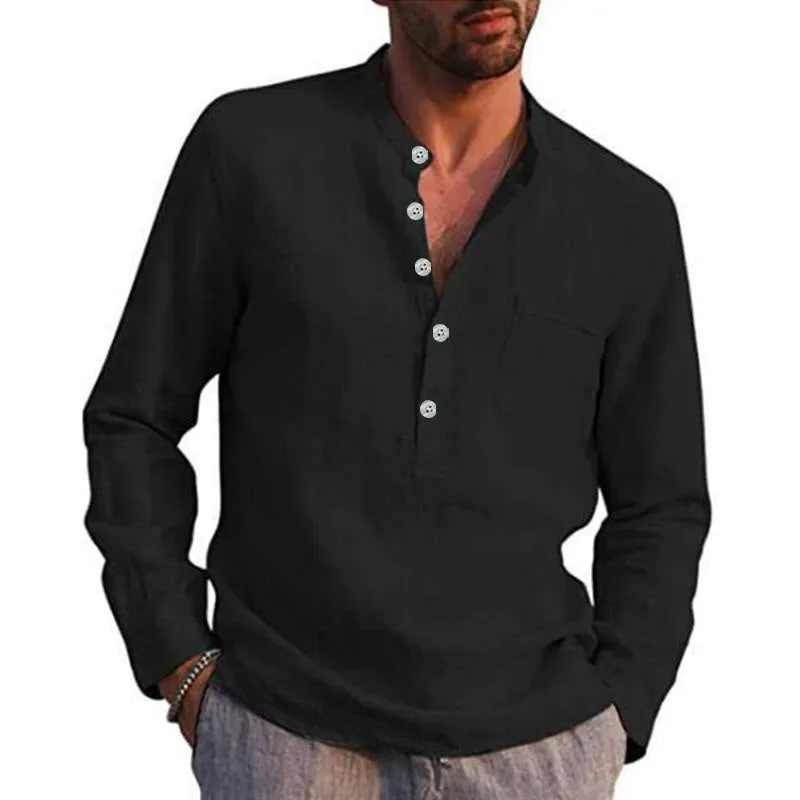 Men's Casual Cotton Linen Solid Color Henley Collar Long Sleeve Shirt 47322819M