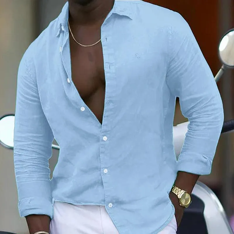 Men's Casual Cotton Linen Solid Color Lapel Long Sleeve Shirt 37815754M