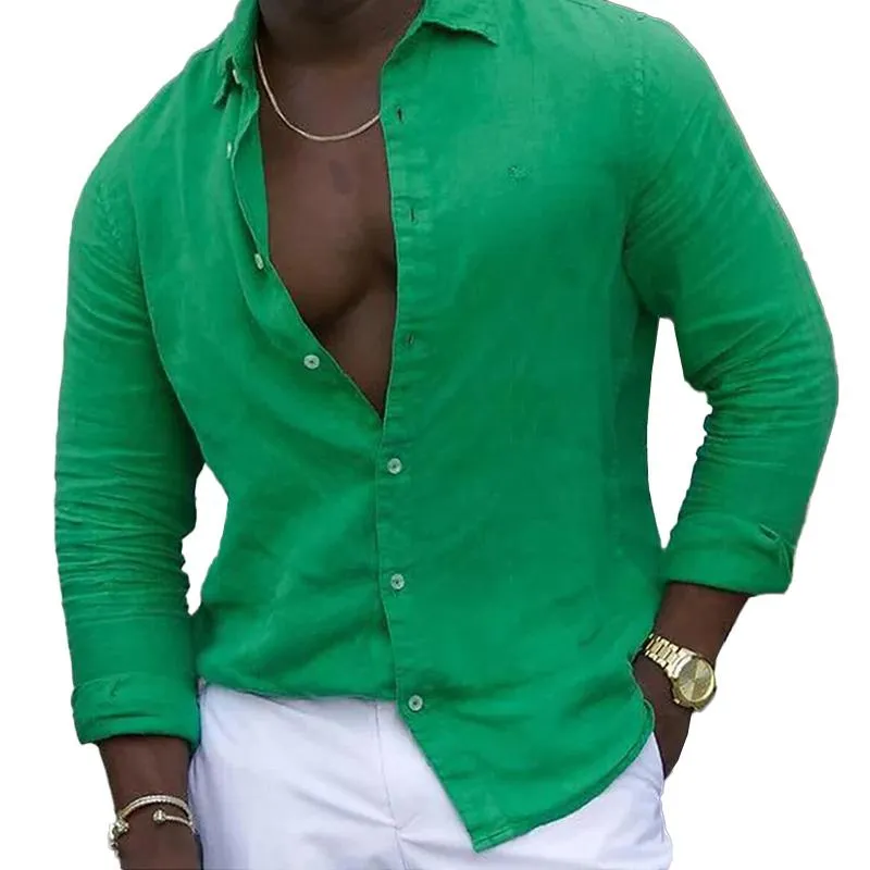Men's Casual Cotton Linen Solid Color Lapel Long Sleeve Shirt 37815754M
