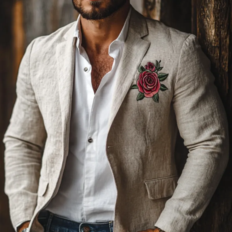 Men's Casual Rose Embroidery Single Breasted Linen Blazer 92995768K