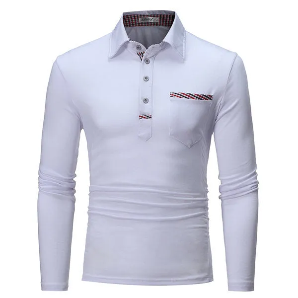 Mens Fall Brief Style Solid Color Polo Shirt Turndown Collar Long Sleeve Casual Cotton T-shirt
