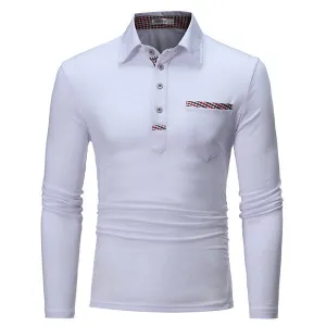 Mens Fall Brief Style Solid Color Polo Shirt Turndown Collar Long Sleeve Casual Cotton T-shirt