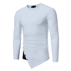 Mens Fall Winter Brief Style Stiching Color Irregular Buttons Hem Casual T-shirt