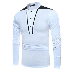 Mens Fashion Patchwork Button Long Sleeve Stand Collar Cotton Casual T-Shirt