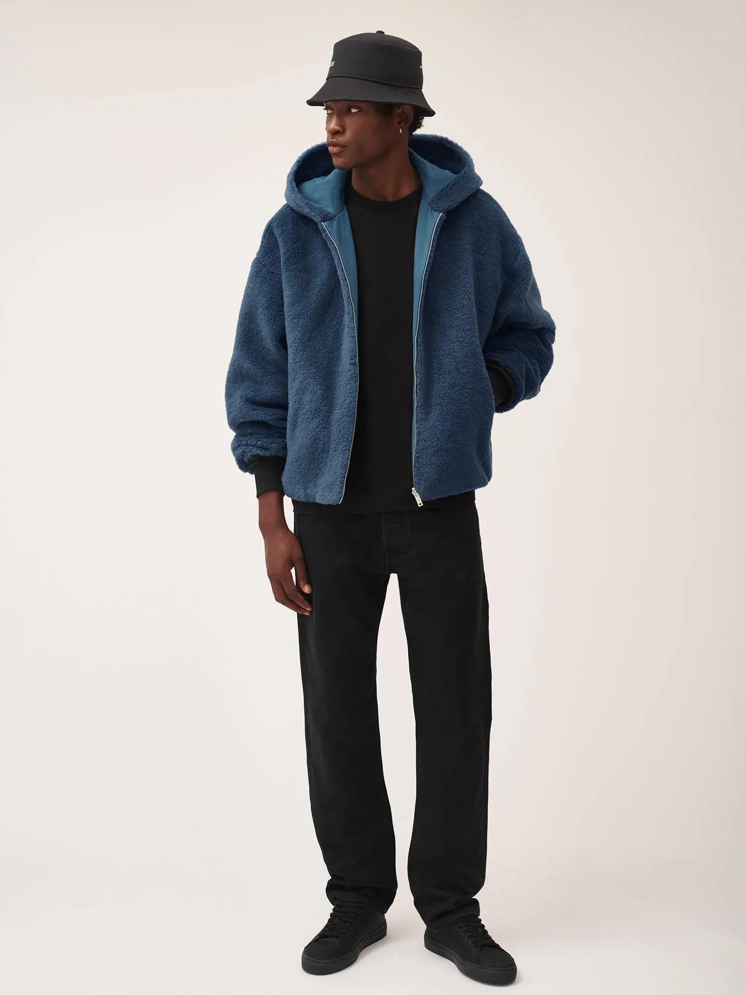 Mens Recycled Wool Fleece Reversible Bomber Jacket—storm blue