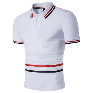 Mens Summer Striped Short Sleeve Turn-down Collar Slim Fit Casual Polo Shirts