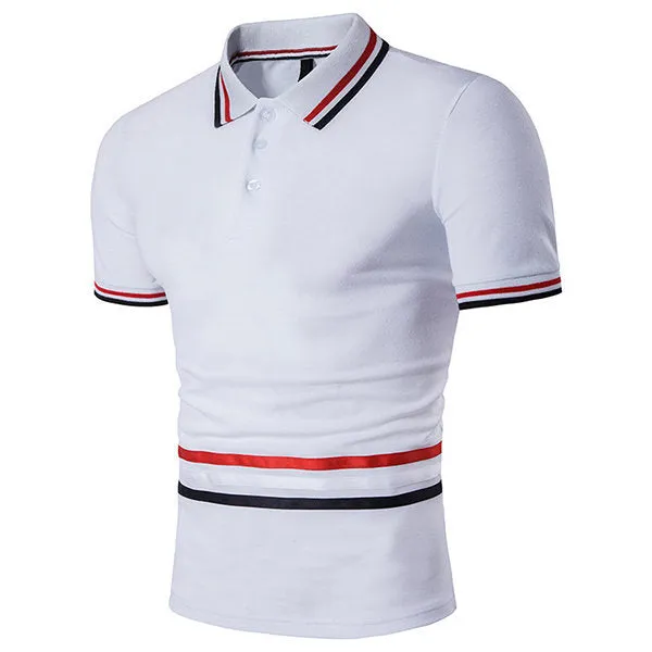 Mens Summer Striped Short Sleeve Turn-down Collar Slim Fit Casual Polo Shirts