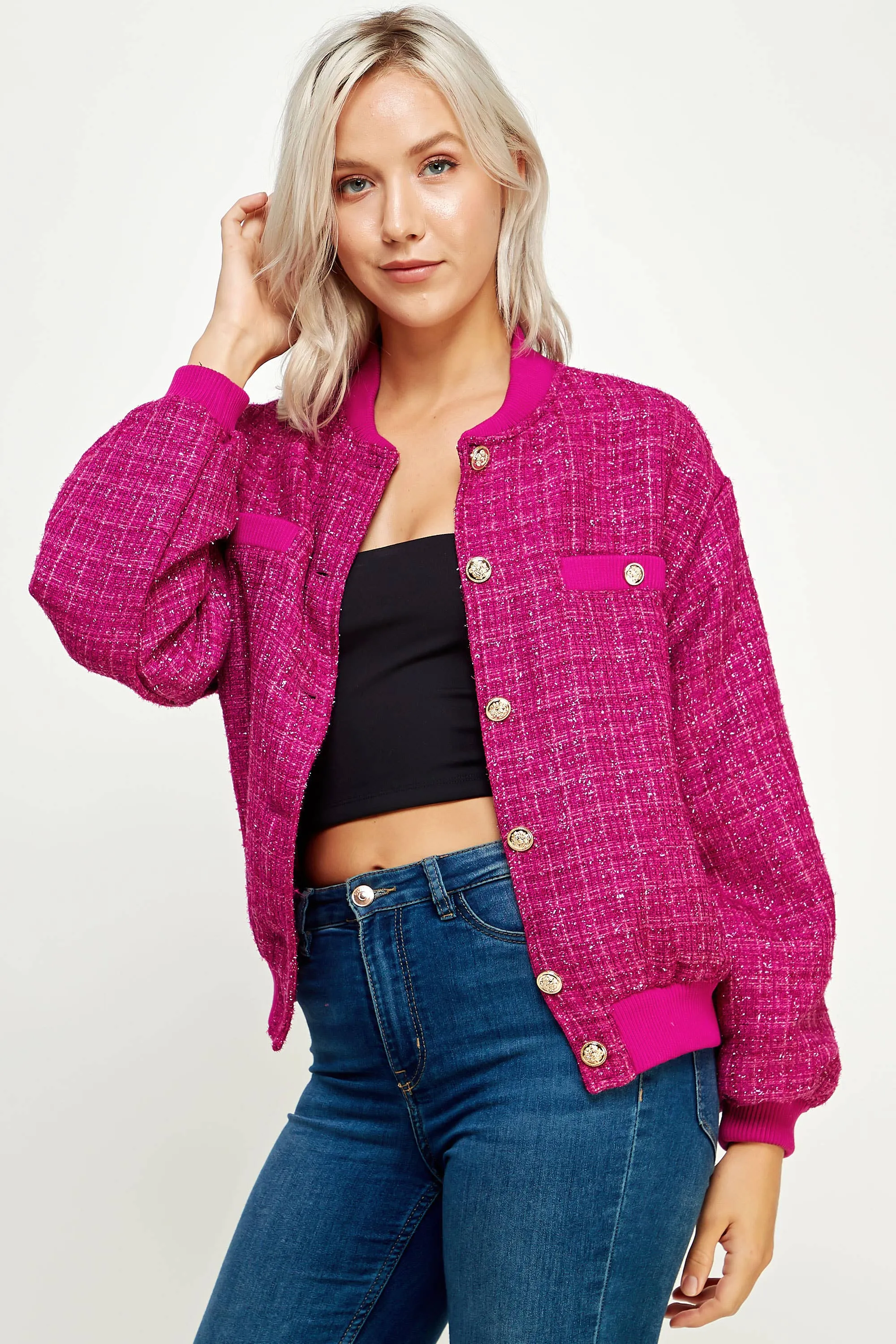 Metallic Tweed Bomber Jacket