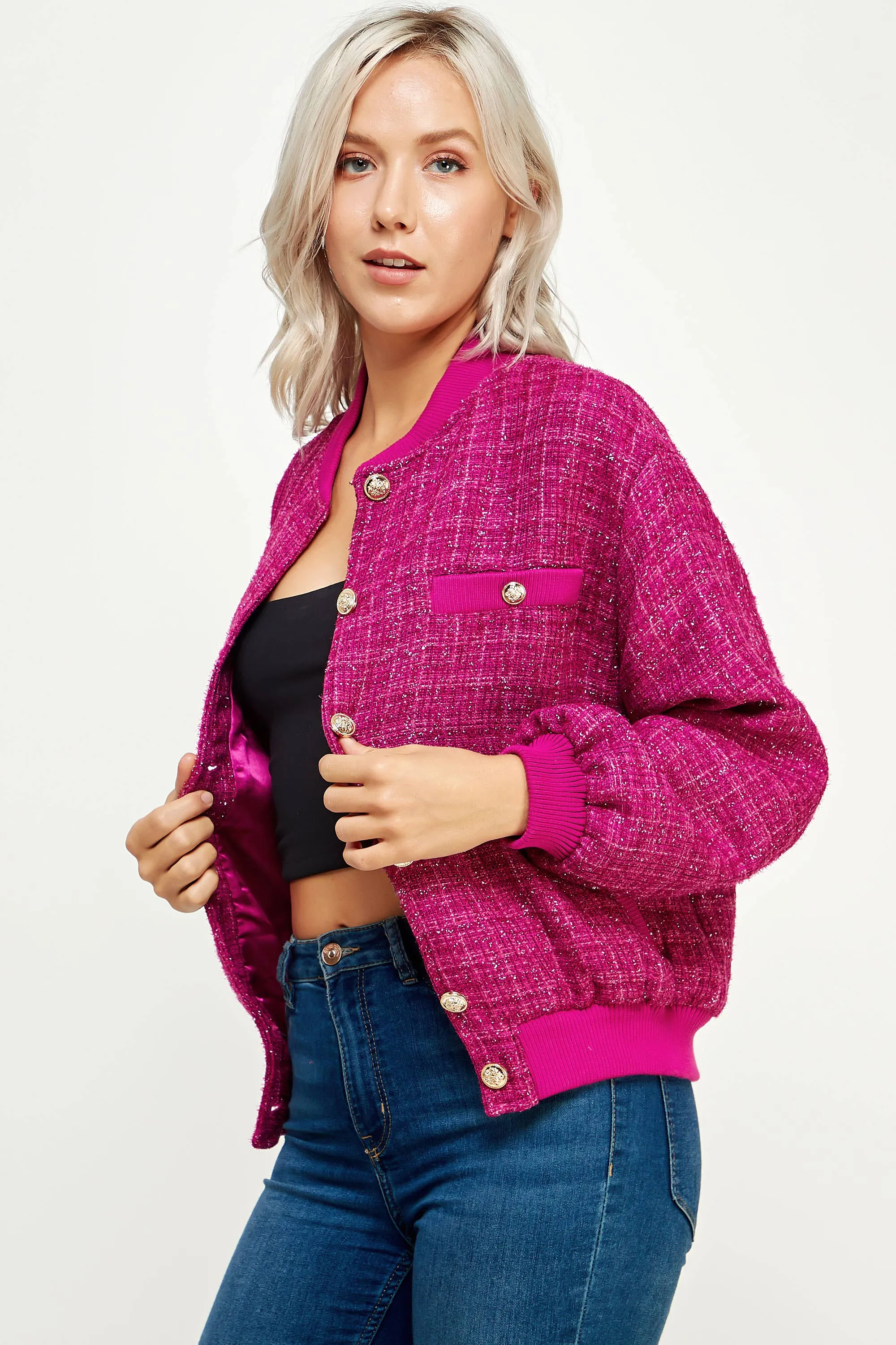 Metallic Tweed Bomber Jacket