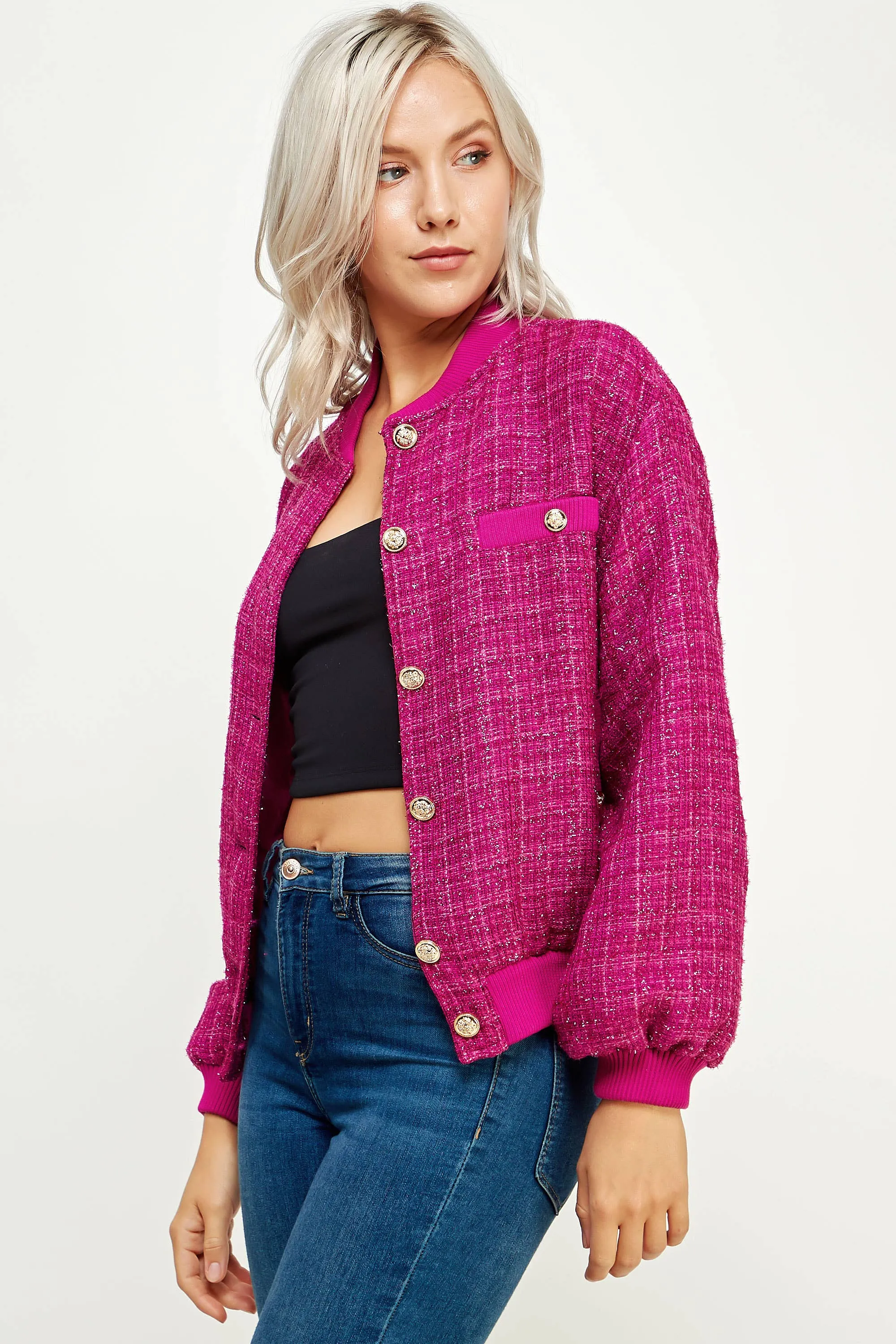 Metallic Tweed Bomber Jacket