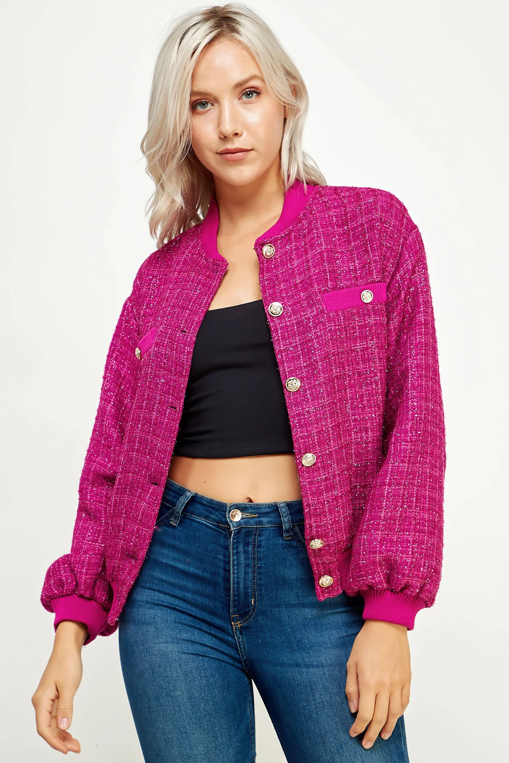 Metallic Tweed Bomber Jacket