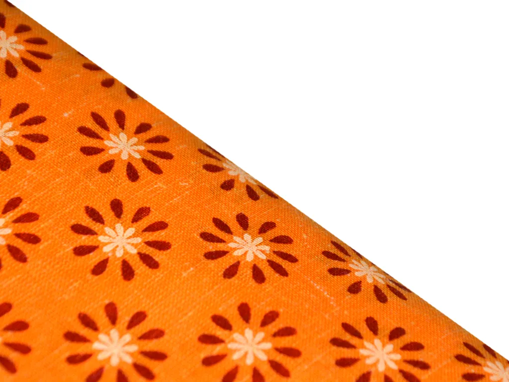 Orange Floral Printed Cotton Linen Fabric